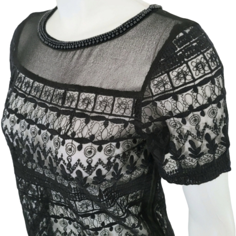 ZARA Black Sheer Lace Tee XS Beaded Neckline Mesh Nylon Punk Goth Sexy Top - Picture 6 of 14